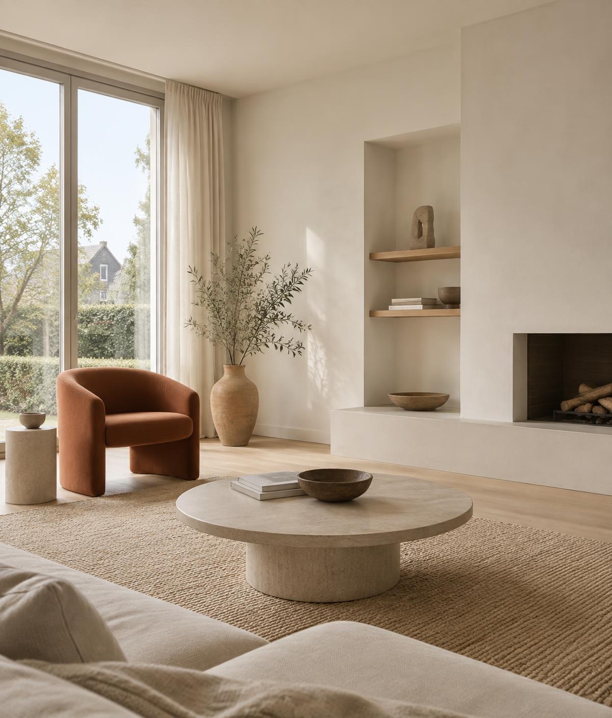 Lichte moderne woonkamer met strak afgewerkte wanden